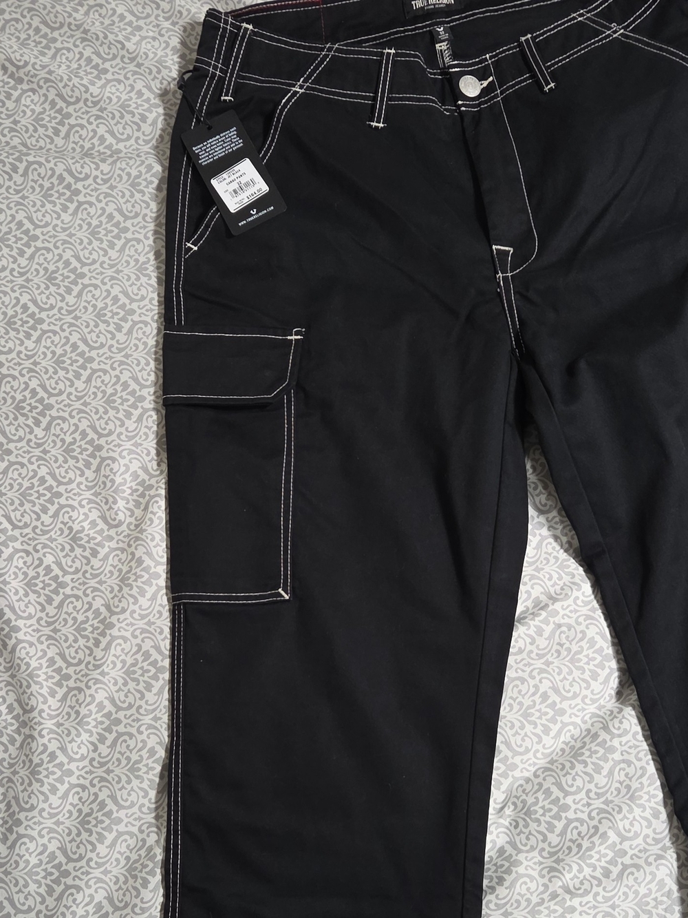 True Religion Black Cargo Pants with White Contrast Stitching